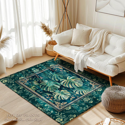 Elegant Botanicals Emerald Area Rug | Tropical Monstera Deliciosa Plant Lover Aesthetic Greenhouse Green Moody Jungle Vibe Dark Maximalist |