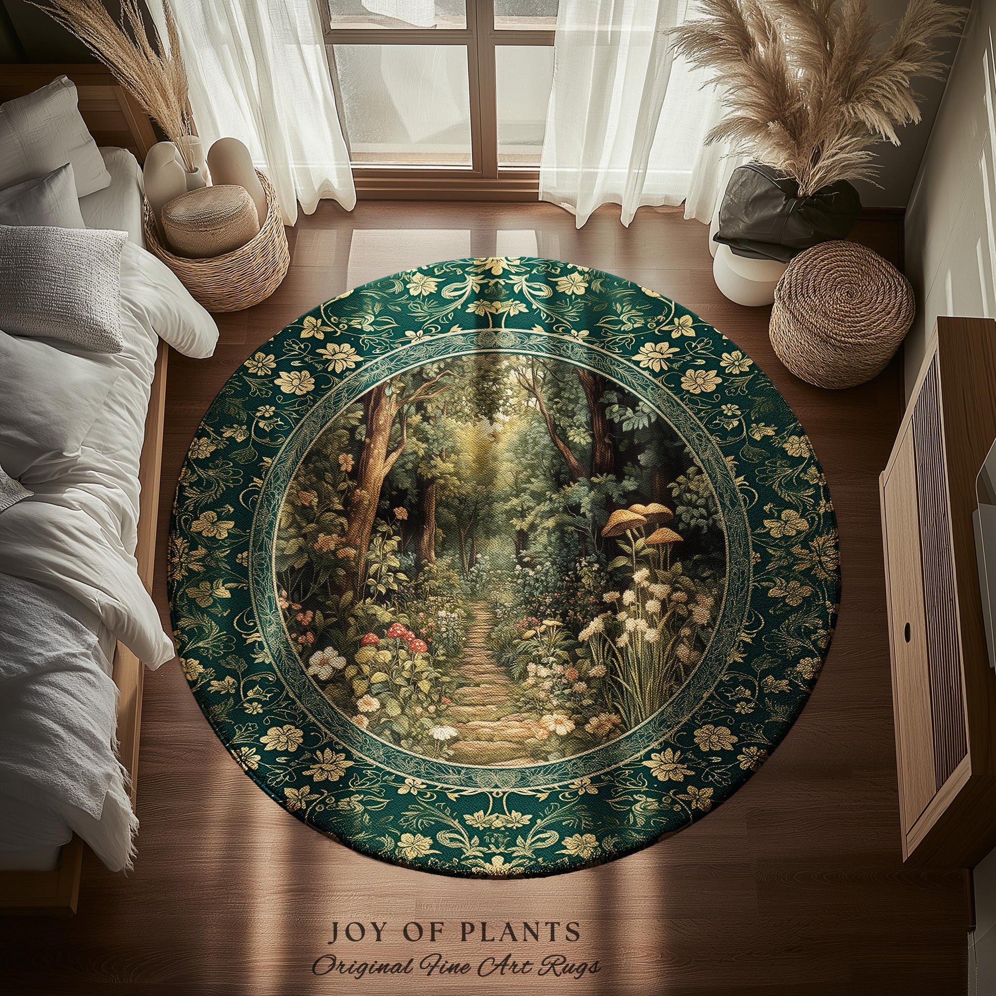Botanical Bedroom Area Rug Fairycore | Woodland Mushroom Aesthetic Nature Lover Book Nook Bedroom Emerald Green Decor Fairytale Inspired |