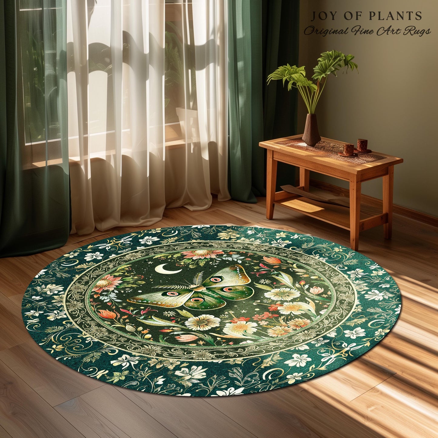 Botanical Moth Moon Rug Whimsical Floral Fairycore Enchanted Forest Art, Vintage Forest Green Cottagecore Woodland Whimsy Butterfly Decor
