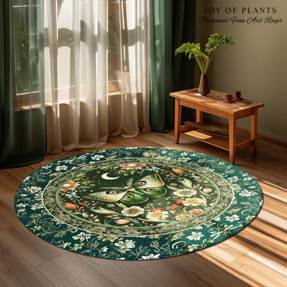 Botanical Moth Moon Rug Whimsical Floral Fairycore Enchanted Forest Art, Vintage Forest Green Cottagecore Woodland Whimsy Butterfly Decor