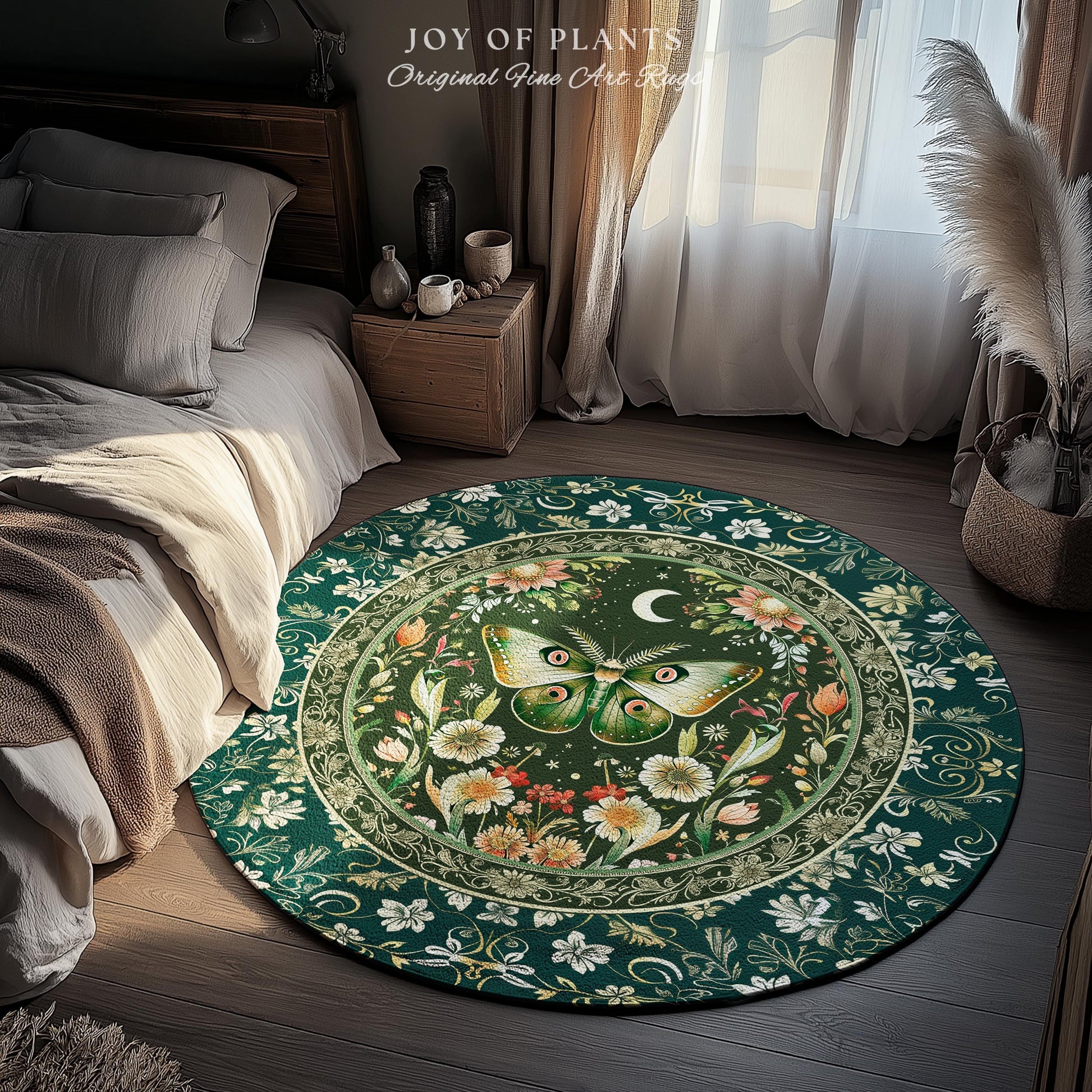Botanical Moth Moon Rug Whimsical Floral Fairycore Enchanted Forest Art, Vintage Forest Green Cottagecore Woodland Whimsy Butterfly Decor