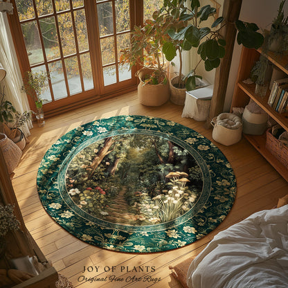 Botanical Bedroom Area Rug Fairycore | Woodland Mushroom Aesthetic Nature Lover Book Nook Bedroom Emerald Green Decor Fairytale Inspired |