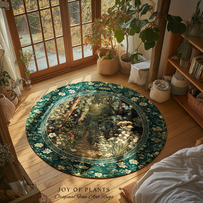 Botanical Bedroom Area Rug Fairycore | Woodland Mushroom Aesthetic Nature Lover Book Nook Bedroom Emerald Green Decor Fairytale Inspired |