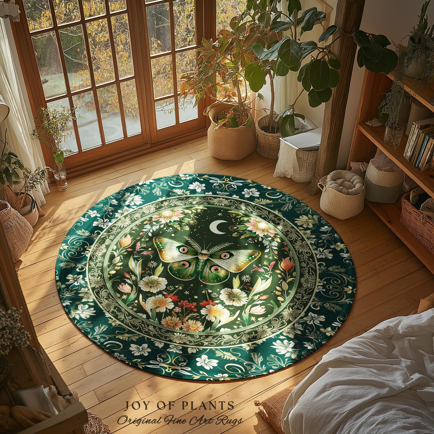 Botanical Moth Moon Rug Whimsical Floral Fairycore Enchanted Forest Art, Vintage Forest Green Cottagecore Woodland Whimsy Butterfly Decor