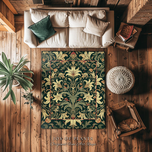 Earthy Fairycore Floral Aesthetic Rug | Enchanted Muted Forest Green Art Nouveau Victorian Decor Cottagecore Academia Art Deco Bedroom Decor