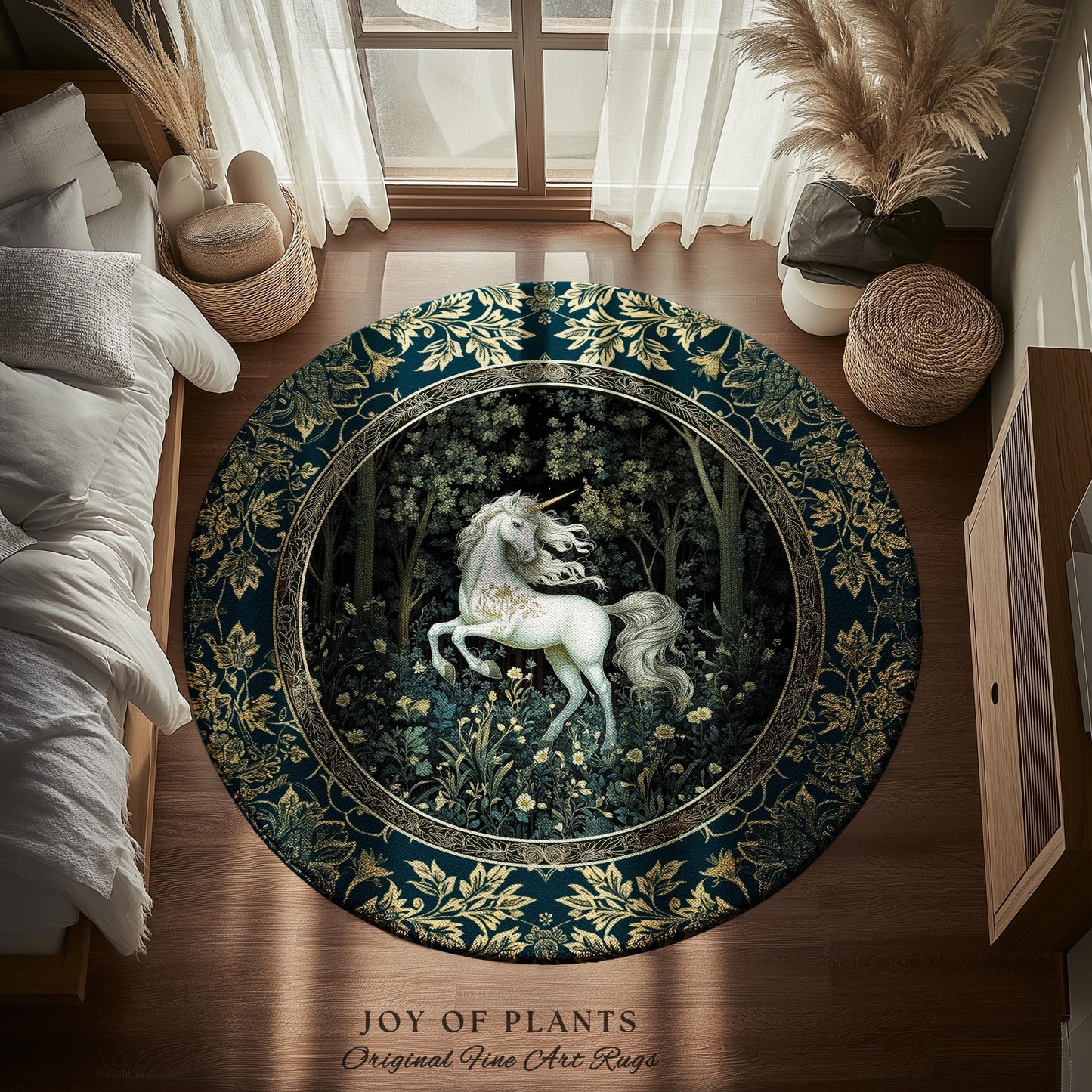 Enchanted Meadow Unicorn Area Rug | Victorian Fairycore Whimsical Ethereal Bedroom Rug Medieval Woodland Fairytale Magical Rustic Medieval |