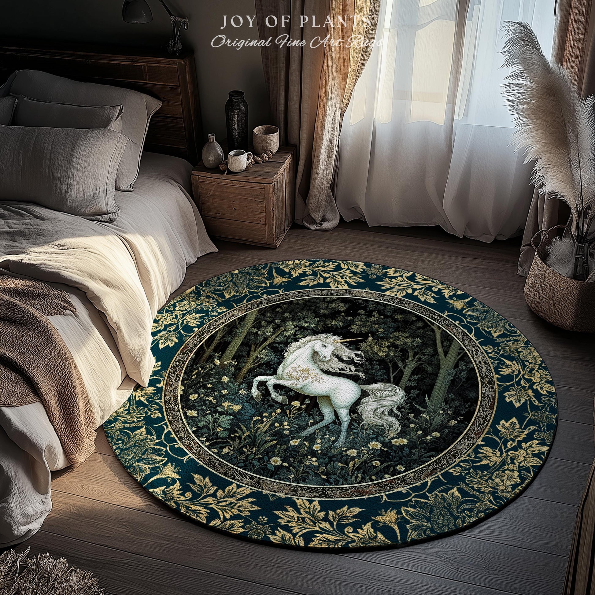 Enchanted Meadow Unicorn Area Rug | Victorian Fairycore Whimsical Ethereal Bedroom Rug Medieval Woodland Fairytale Magical Rustic Medieval |