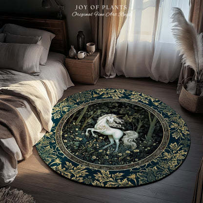 Enchanted Meadow Unicorn Area Rug | Victorian Fairycore Whimsical Ethereal Bedroom Rug Medieval Woodland Fairytale Magical Rustic Medieval |