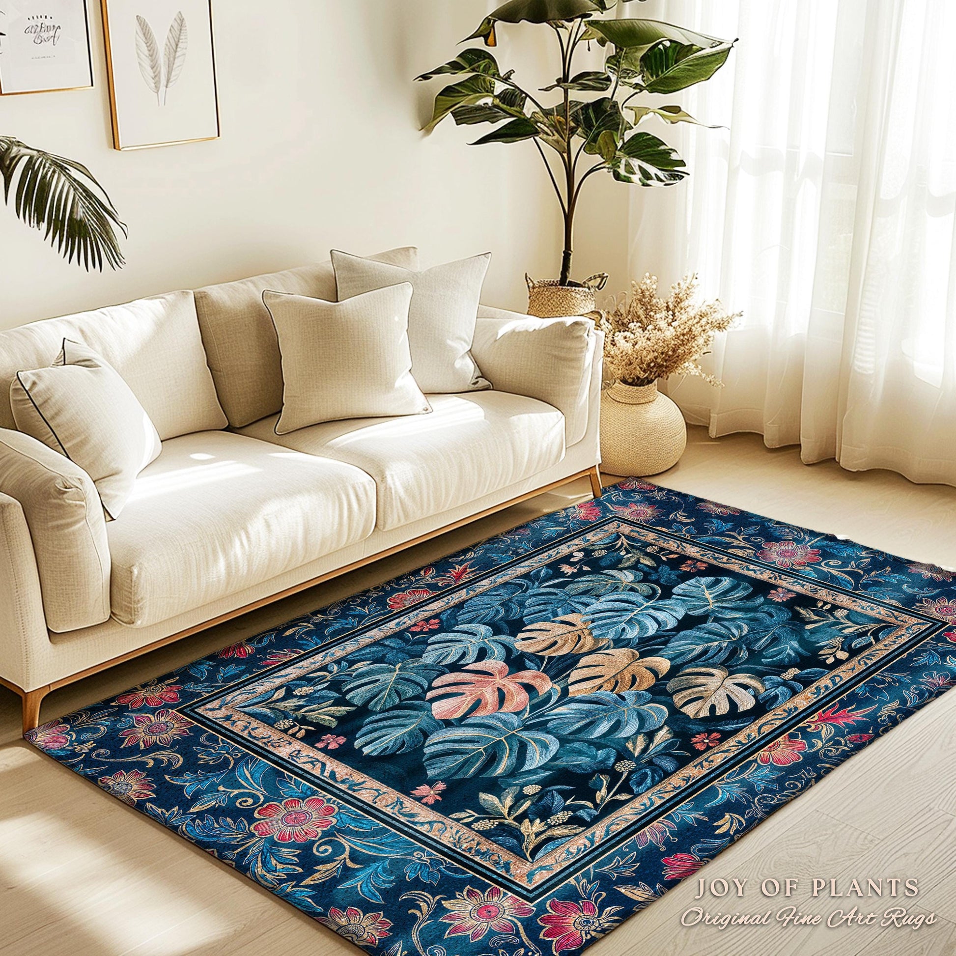 Bohemian Aesthetic Maximalist Rug | Dark Botanical Elegant Statement Rug Woodland Decor Houseplant Love Moody Jungle Vibe Monstera Area Rug