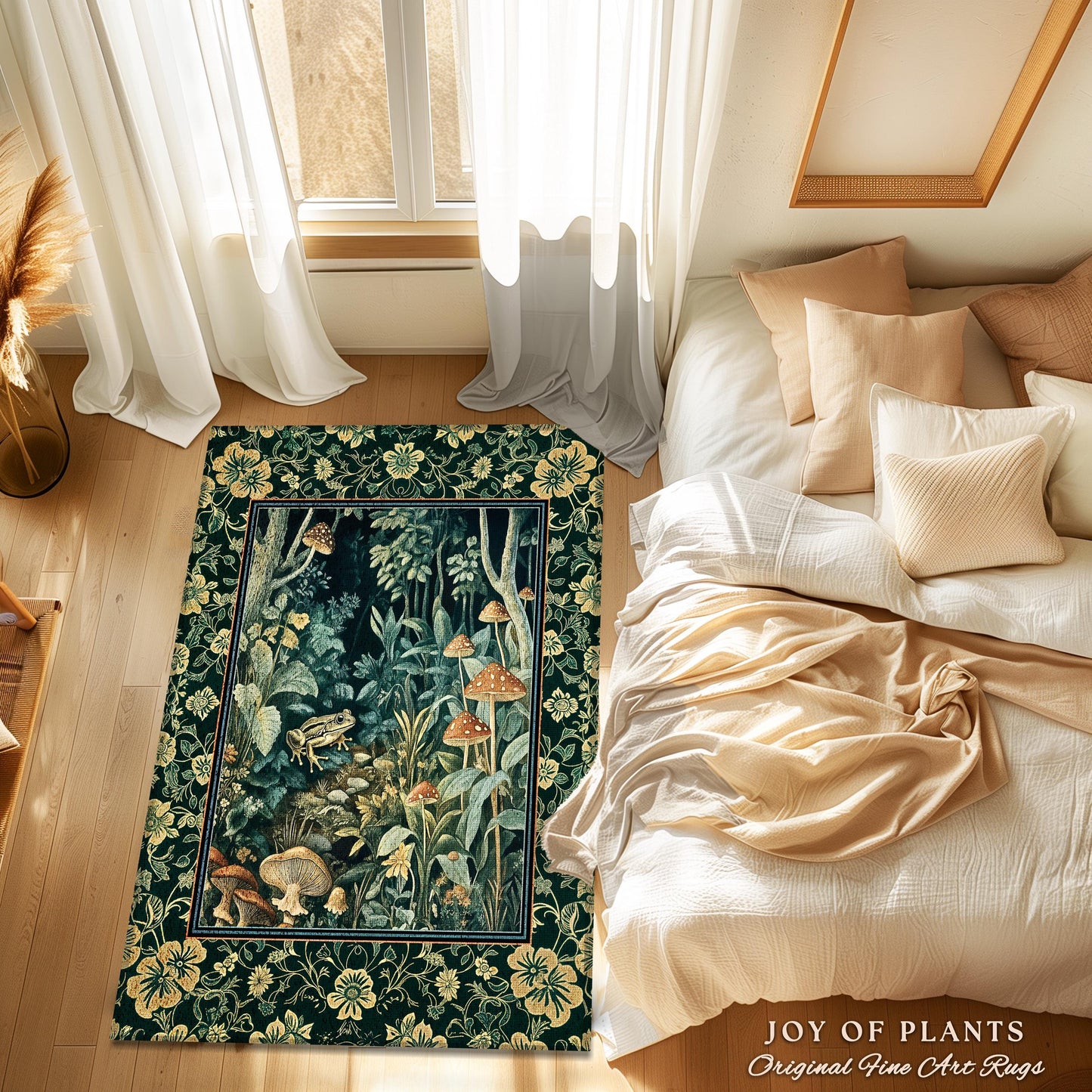 Magical Mushroom Folklore Forest Rug | Cute Woodland Area Rug for Bedroom Goblincore Forest Woodland Whimsy Toadstool Aesthetic Nature Lover