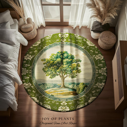 Victorian Soft Aesthetic Tree of Life Rug | Romantic Botanical Regency Decor Floral Enchanted Forest Accent Green Tones Cottagecore Theme