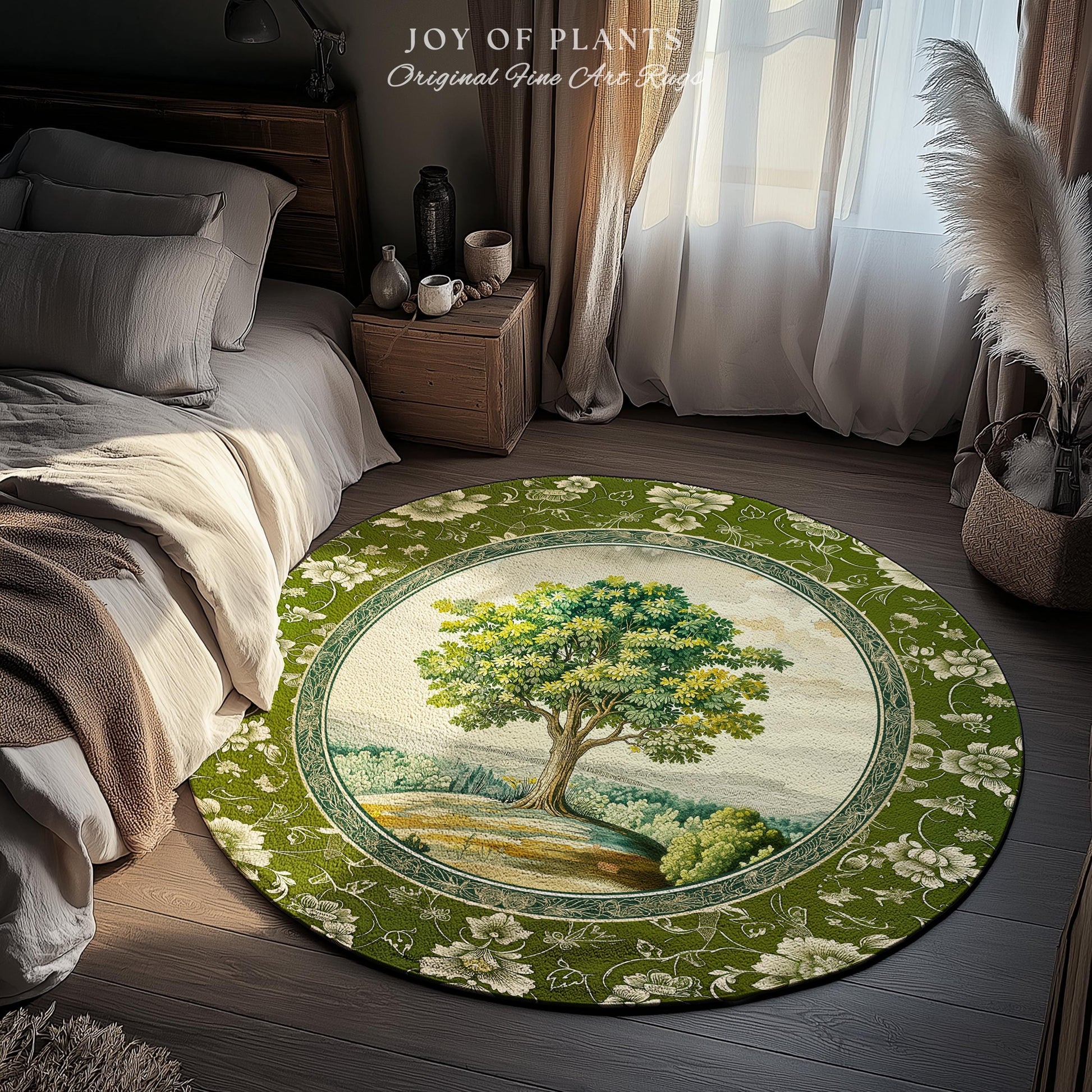 Victorian Soft Aesthetic Tree of Life Rug | Romantic Botanical Regency Decor Floral Enchanted Forest Accent Green Tones Cottagecore Theme