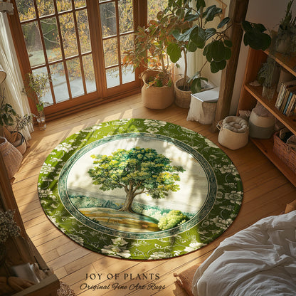 Victorian Soft Aesthetic Tree of Life Rug | Romantic Botanical Regency Decor Floral Enchanted Forest Accent Green Tones Cottagecore Theme