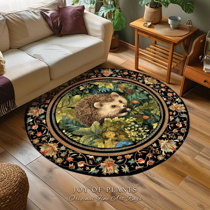 Hedgehog Botanical Rug | Woodland Bedroom Decor William Morris Inspired Cottagecore Room Light Academia Style Rug Mystical Aesthetic