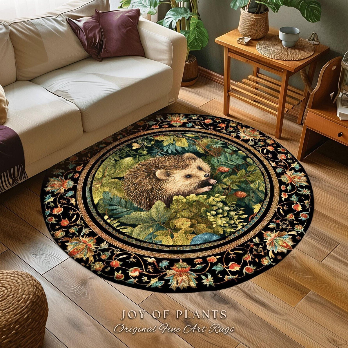 Hedgehog Botanical Rug | Woodland Bedroom Decor William Morris Inspired Cottagecore Room Light Academia Style Rug Mystical Aesthetic