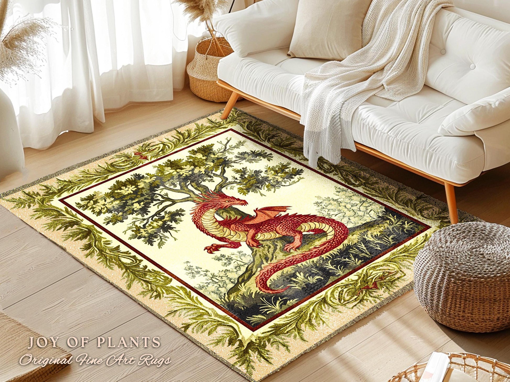 May include: A beige rug with a green border features a red dragon curled around a green tree. The rug has the text "JOY OF PLANTS Original Fine Art Rugs" in the bottom left corner.