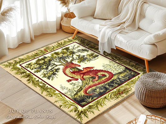 May include: A beige rug with a green border features a red dragon curled around a green tree. The rug has the text "JOY OF PLANTS Original Fine Art Rugs" in the bottom left corner.