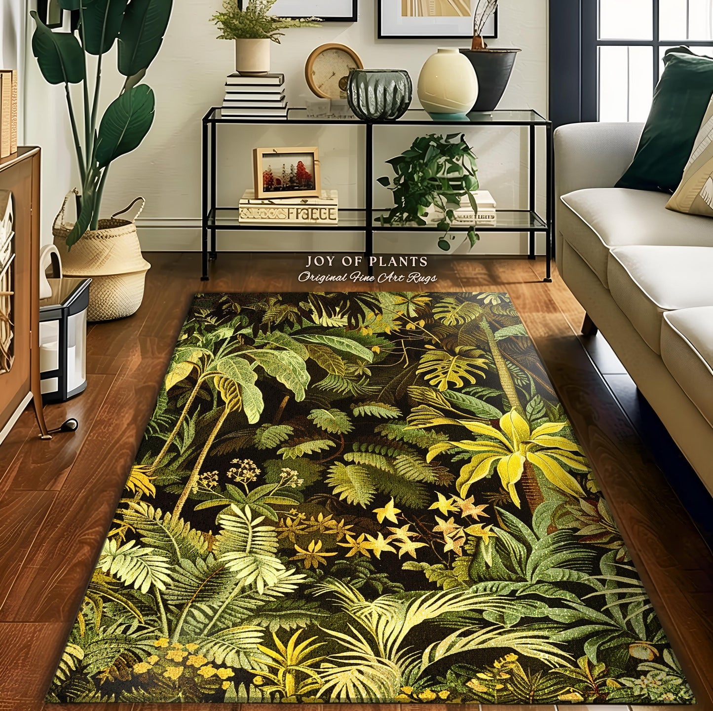 May include: A dark green, yellow, and brown area rug with a tropical plant design. The rug features a variety of leaves and flowers in a realistic style. The rug is called "Joy of Plants" and is described as an "Original Fine Art Rug".