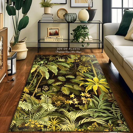 May include: A dark green, yellow, and brown area rug with a tropical plant design. The rug features a variety of leaves and flowers in a realistic style. The rug is called "Joy of Plants" and is described as an "Original Fine Art Rug".