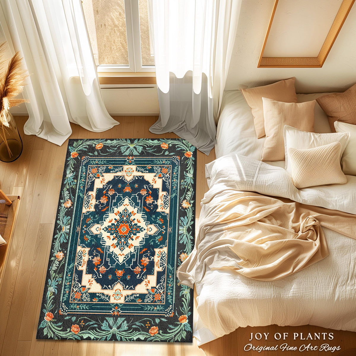 Teal and Orange Ornate Area Rug | Bohemian Room Decor Hippie Aesthetic Multicolor Floor Rug Playful Bedroom Accent Rug Nordic Pastel Style |