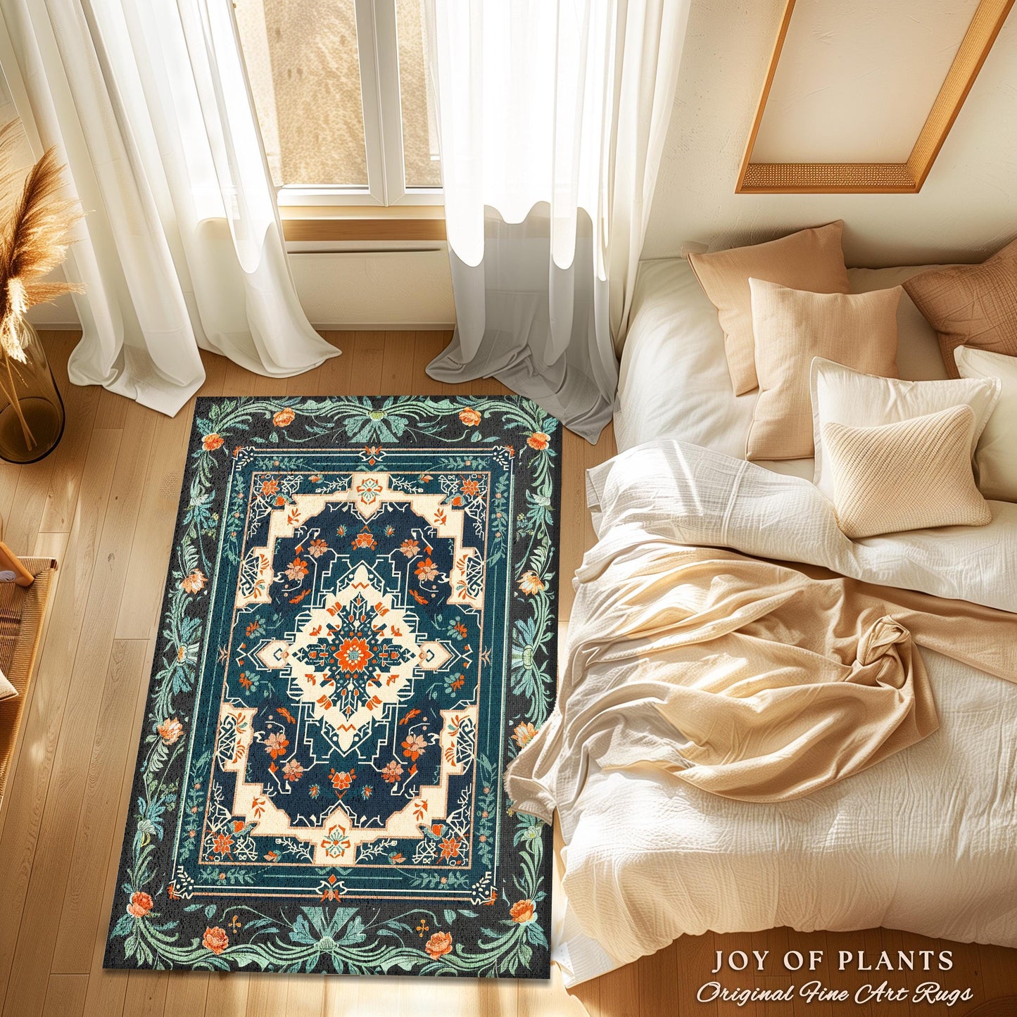 Teal and Orange Ornate Area Rug | Bohemian Room Decor Hippie Aesthetic Multicolor Floor Rug Playful Bedroom Accent Rug Nordic Pastel Style |