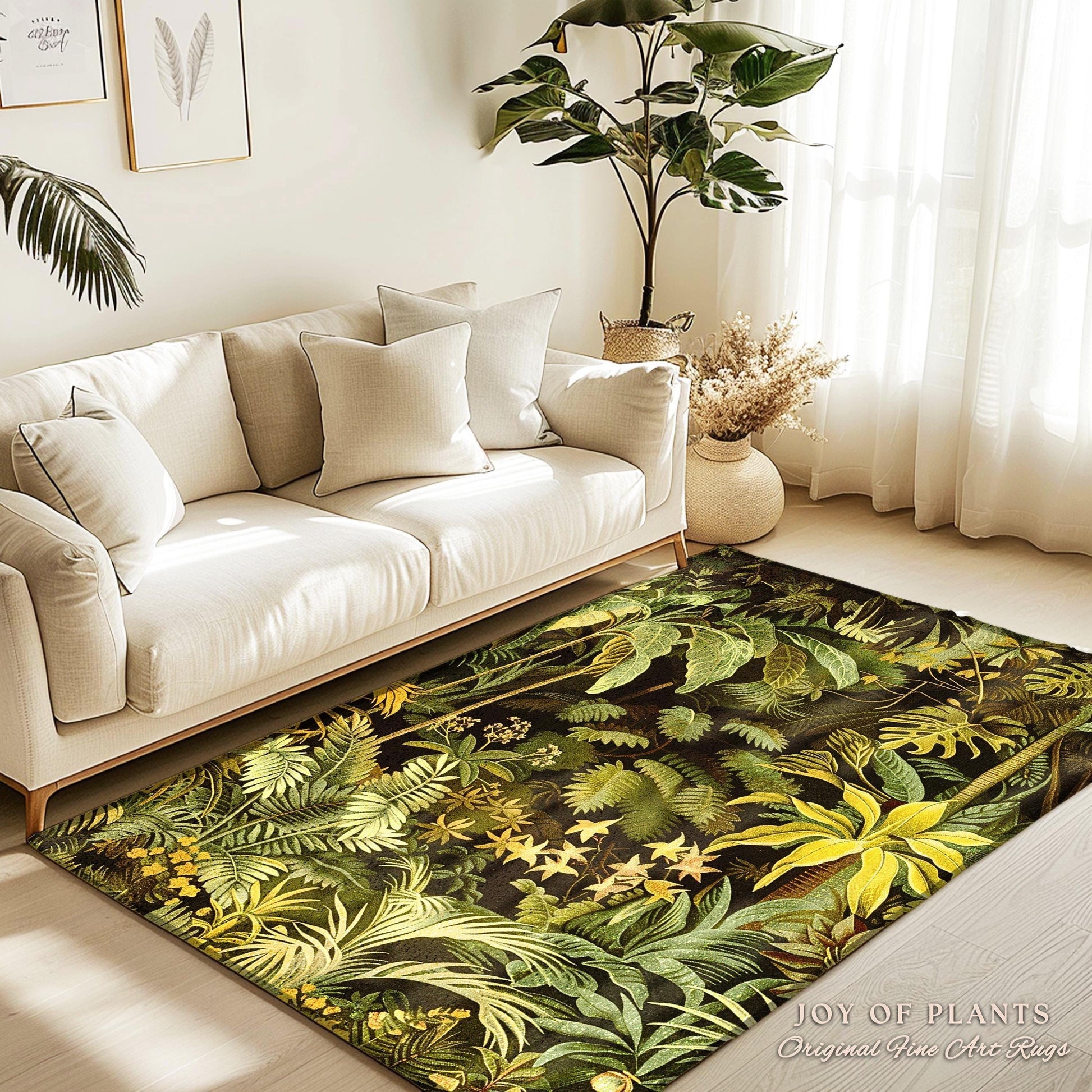 May include: A green and yellow area rug with a botanical print of tropical leaves and flowers. The rug is on a light wood floor in front of a white couch.