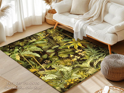 May include: A green and yellow tropical leaf patterned rug with the text "JOY OF PLANTS Original Fine Art Rugs" in the bottom left corner.