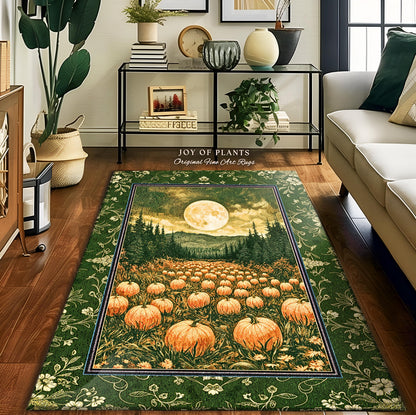 Sage Green Full Moon Area Rug | Rustic Pumpkin Home Decor Whimsigothic Aesthetic Rustic Fall Accent Halloween Trees Light Academia Bedroom
