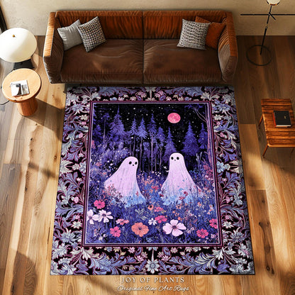 Violet Night Ethereal Ghost Area Rug | Moonlit Floral Halloween Aesthetic Gothic Pastel Ghost Home Decor Whimsigoth Cottagecore Cozy Fall |