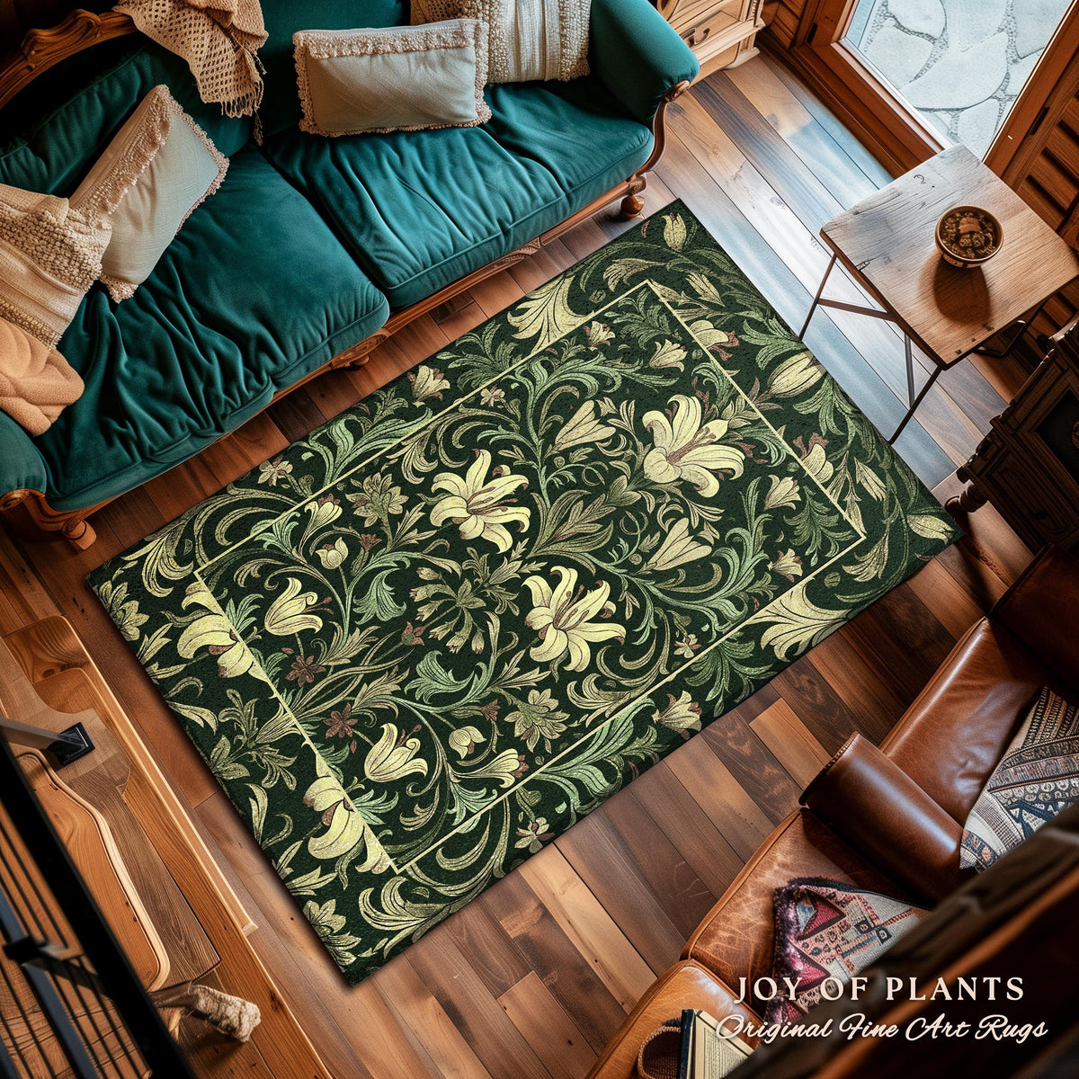 Antique Victorian Floral Rug Dark Green Botanical Aesthetic, Baroque Inspired Art Nouveau Vintage Cottagecore Mat William Morris Style Decor