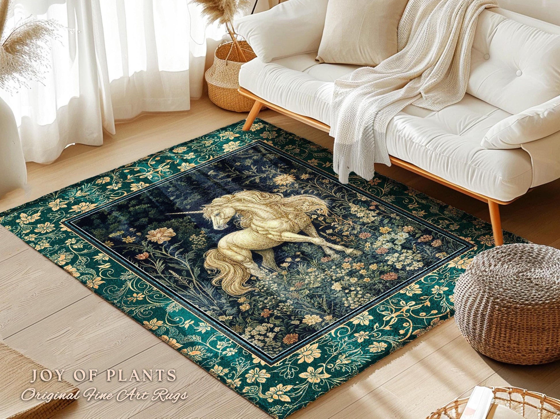 May include: A rectangular rug with a dark green border and a central design featuring a golden unicorn in a floral setting. The rug has a dark blue background and the text "JOY OF PLANTS Original Fine Art Rugs".