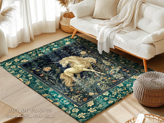 May include: A rectangular rug with a dark green border and a central design featuring a golden unicorn in a floral setting. The rug has a dark blue background and the text "JOY OF PLANTS Original Fine Art Rugs".