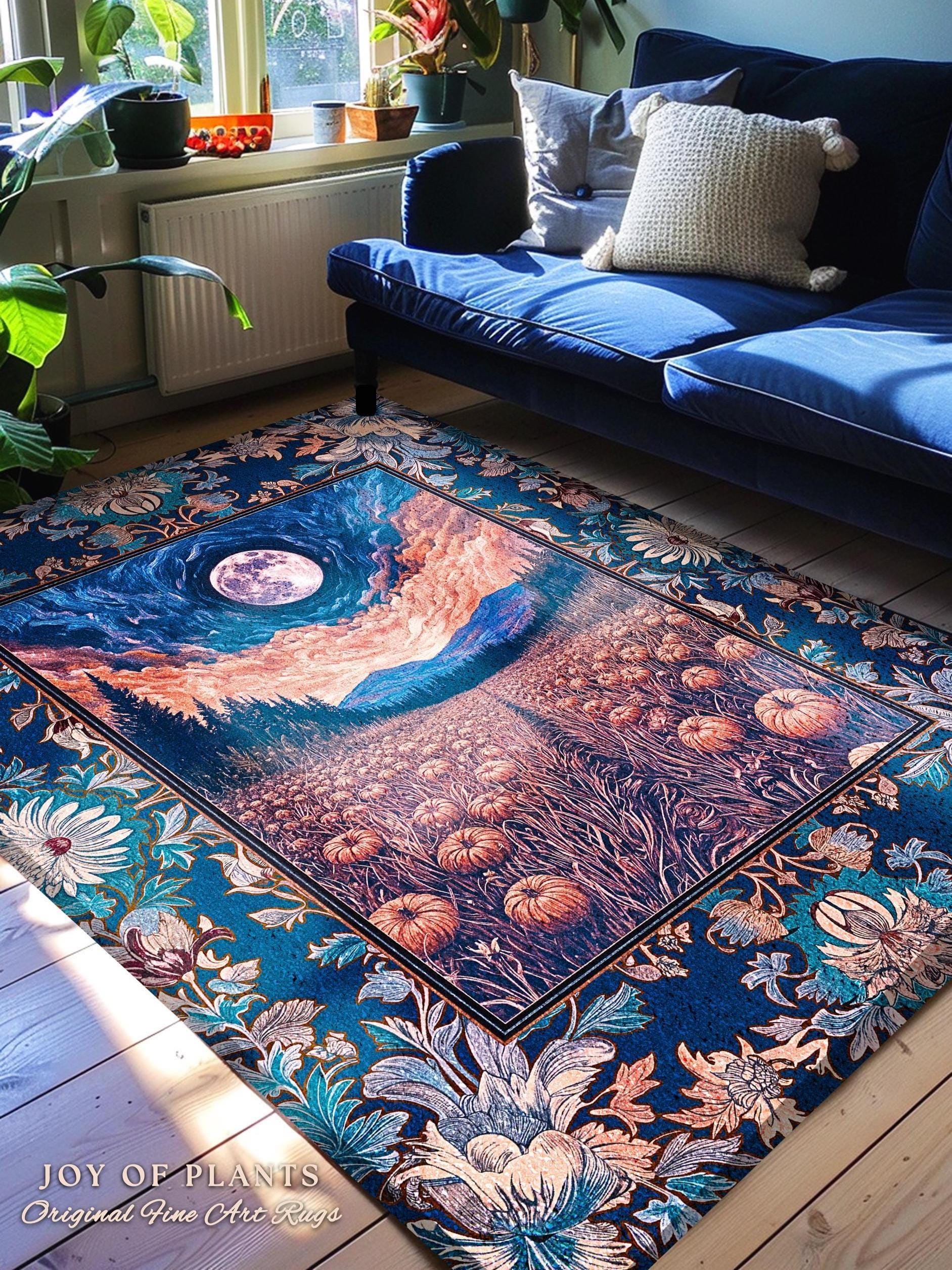 Witchy Night Sky Full Moon Rug | Pastel Fall Decoration Cozy Autumn Accent Rug Pumpkin Patch Whimsigoth Aesthetic Spooky Dark Academia Dorm