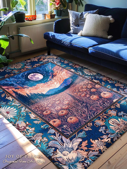 Witchy Night Sky Full Moon Rug | Pastel Fall Decoration Cozy Autumn Accent Rug Pumpkin Patch Whimsigoth Aesthetic Spooky Dark Academia Dorm