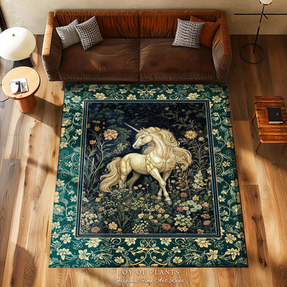 Magic Medieval Unicorn Accent Rug | Woodland Nature Vintage Aesthetic Area Rug Whimsical Bedroom Decor Magic Cottagecore Magical Creatures |