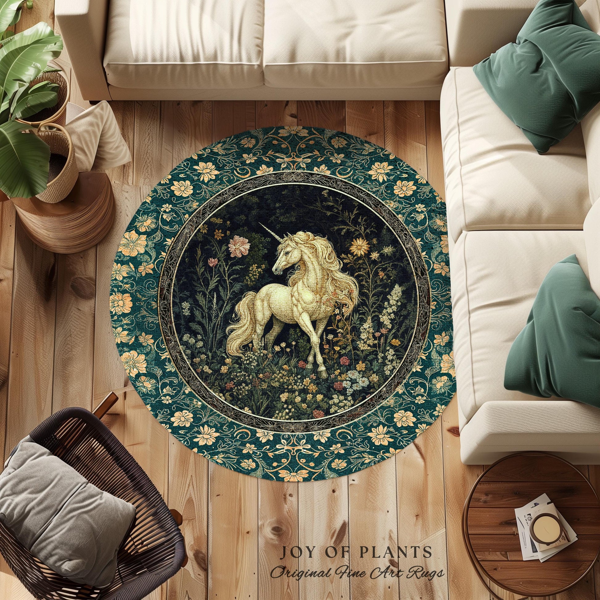 Magic Medieval Unicorn Accent Rug | Woodland Nature Vintage Aesthetic Area Rug Whimsical Bedroom Decor Magic Cottagecore Magical Creatures |