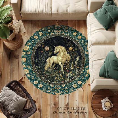 Magic Medieval Unicorn Accent Rug | Woodland Nature Vintage Aesthetic Area Rug Whimsical Bedroom Decor Magic Cottagecore Magical Creatures |