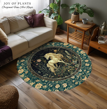 Magic Medieval Unicorn Accent Rug | Woodland Nature Vintage Aesthetic Area Rug Whimsical Bedroom Decor Magic Cottagecore Magical Creatures |