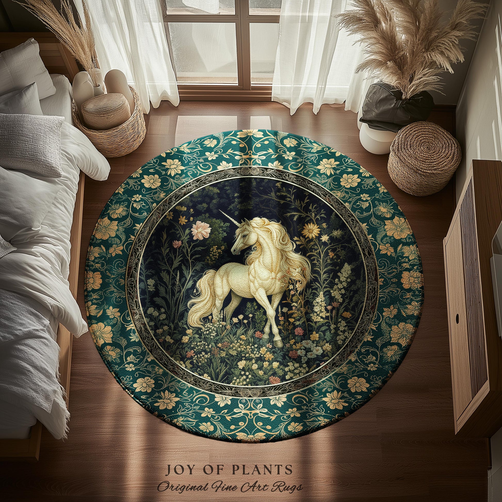 Magic Medieval Unicorn Accent Rug | Woodland Nature Vintage Aesthetic Area Rug Whimsical Bedroom Decor Magic Cottagecore Magical Creatures |
