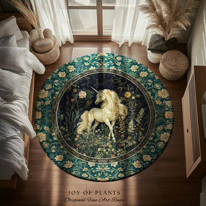 Magic Medieval Unicorn Accent Rug | Woodland Nature Vintage Aesthetic Area Rug Whimsical Bedroom Decor Magic Cottagecore Magical Creatures |