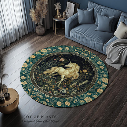 Magic Medieval Unicorn Accent Rug | Woodland Nature Vintage Aesthetic Area Rug Whimsical Bedroom Decor Magic Cottagecore Magical Creatures |