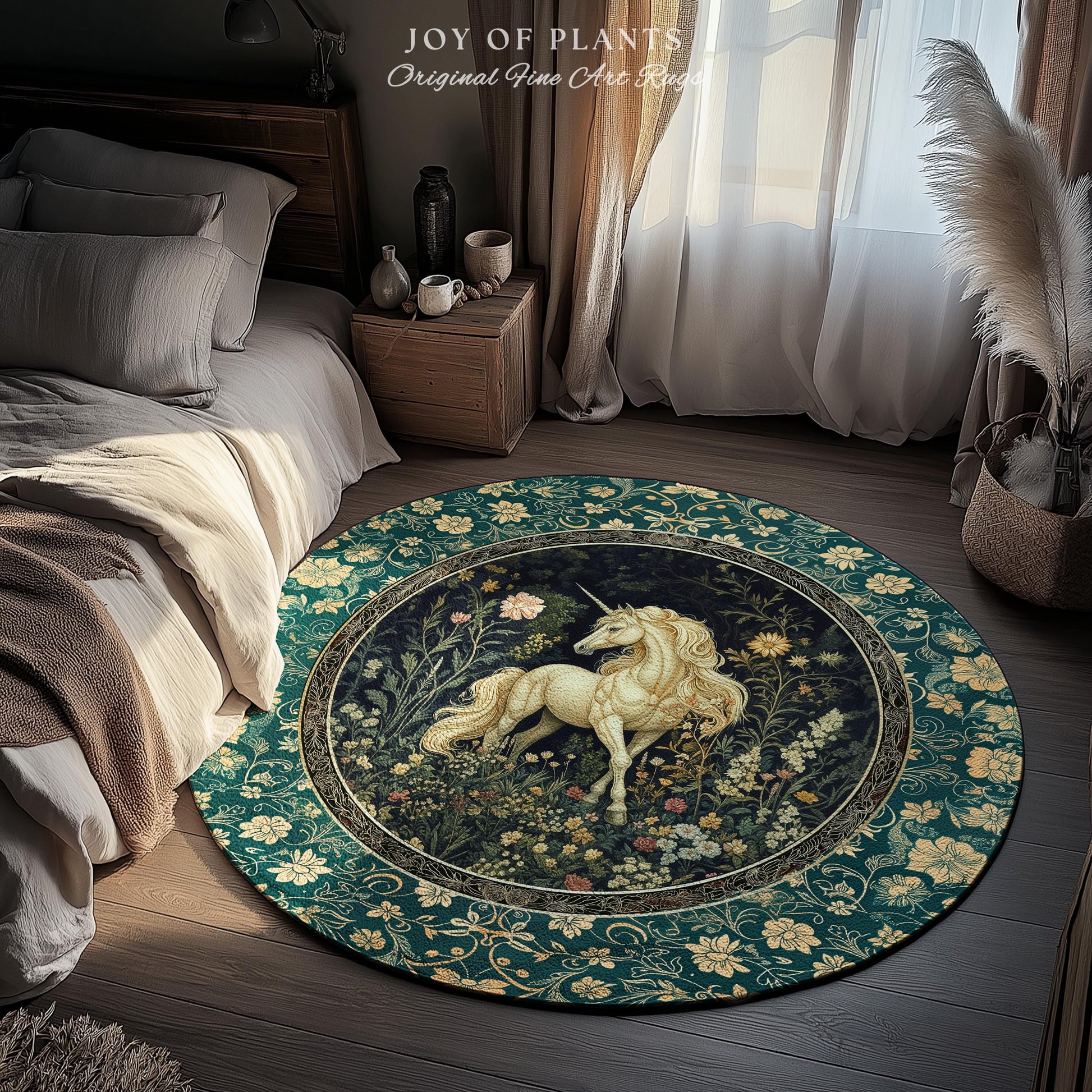Magic Medieval Unicorn Accent Rug | Woodland Nature Vintage Aesthetic Area Rug Whimsical Bedroom Decor Magic Cottagecore Magical Creatures |