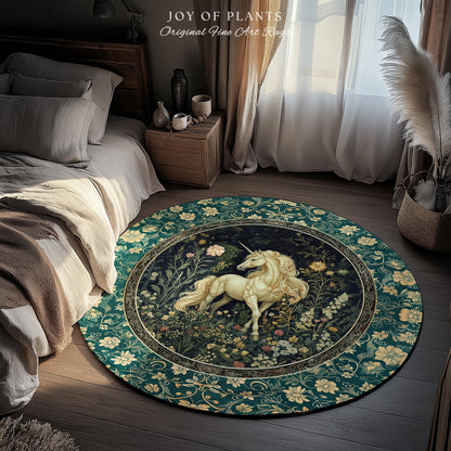Magic Medieval Unicorn Accent Rug | Woodland Nature Vintage Aesthetic Area Rug Whimsical Bedroom Decor Magic Cottagecore Magical Creatures |