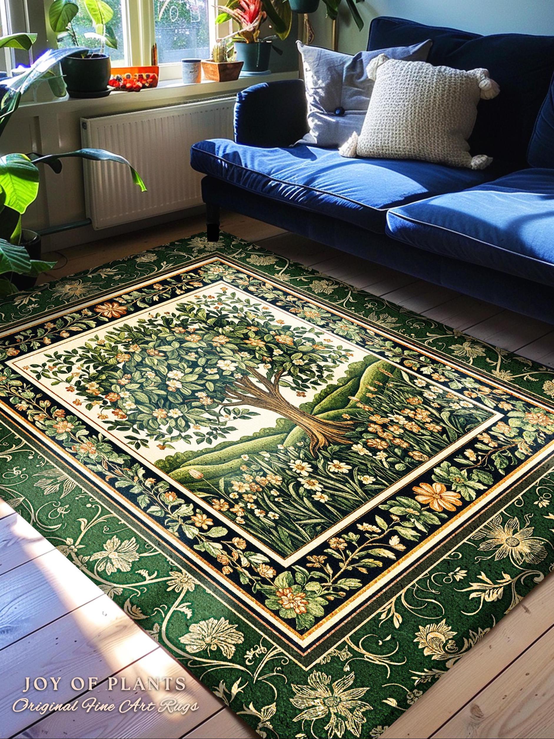 Emerald Green Floral Tree of Life Rug | Botanical Forestcore Folklore Vintage Floral Enchanted Cozy Cottagecore Whimsical Natural Aesthetic