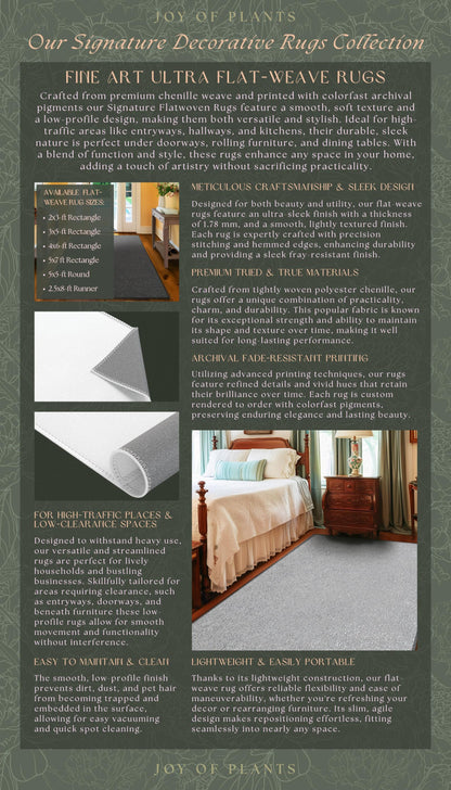 The image is a collage of three images showcasing fine art ultra flat-weave rugs. The first image features a bedroom with a bed and nightstand, the second image displays a living room with a couch and coffee table, and the third image shows a dining area with a table and chairs. The rugs are designed to enhance the style and function of these spaces, and they are made from premium materials and printed with a high-quality finish.