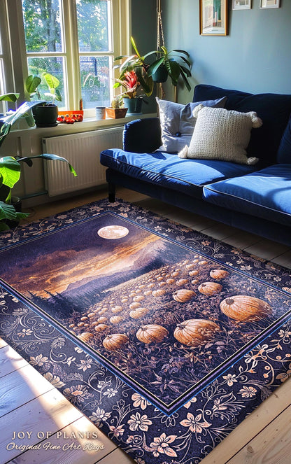 Midnight Purple Moonlit Autumn Rug | Cozy Pumpkin Decor Rustic Halloween Aesthetic Whimsigoth Dark Academia Fall Vibes Witchy Room Accent |