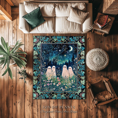 Wandering Spirits Moonrise Meadow Rug | Cozy Whimsical Ghostly Ambience Dark Cottagecore Floral Dream Starry Decor Soft Gothic Celestial |