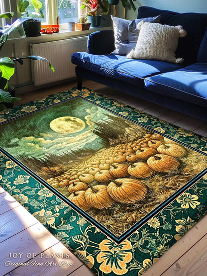 Rustic Full Moon Fall Accent Rug | Whimsigoth Forest Autumn Vibes Cozy Pumpkin Decor Gothic Academia Aesthetic Halloween Bedroom Area Rug |