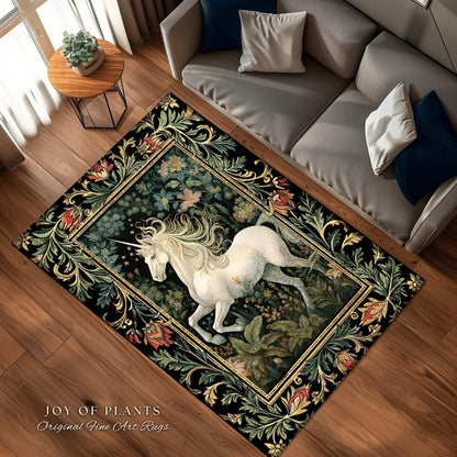 Fairytale Unicorn Rug | Botanical Bedroom Decor William Morris Inspired Cottagecore Room Light Academia Style Rug Mystical Folklore Decor