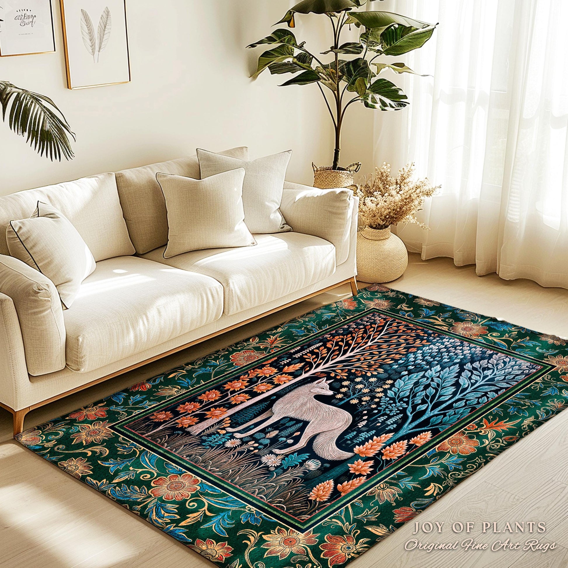 Playful Forest Boho Whimsical Area Rug | Scandinavian Woodland Wolf Boho Fairytale Danish Cottagecore Aesthetic Bohemian Home Accent Cozy |